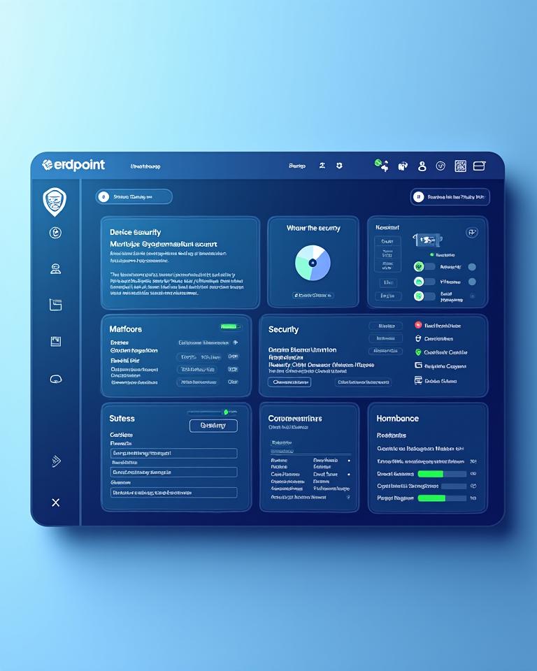 Endpoint protection dashboard showing device security status, malware defense, and remote work security monitoring