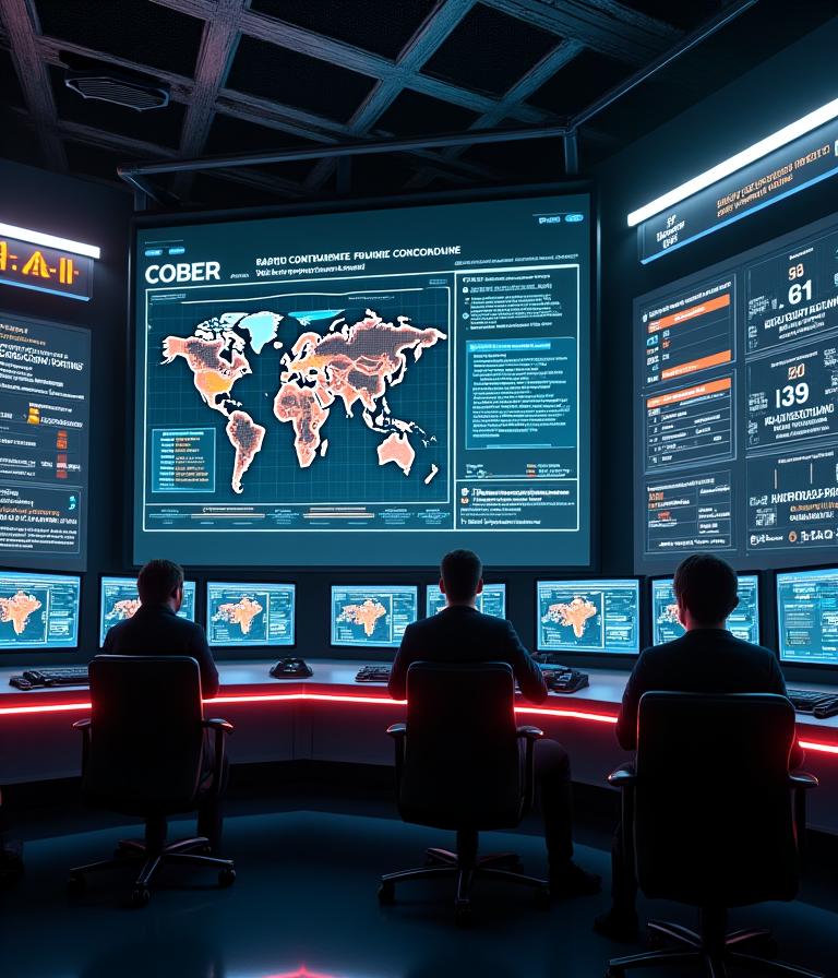 Cyber incident response command center showing rapid containment protocols and business continuity planning dashboard